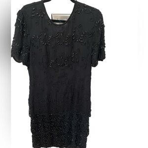 Vintage Beaded Stenay Silk Black formal tiered lined dress in size 10